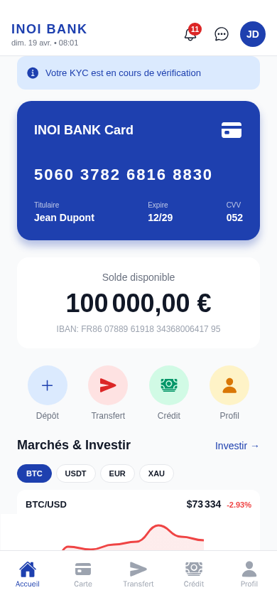 Application INOI BANK — écran d'accueil